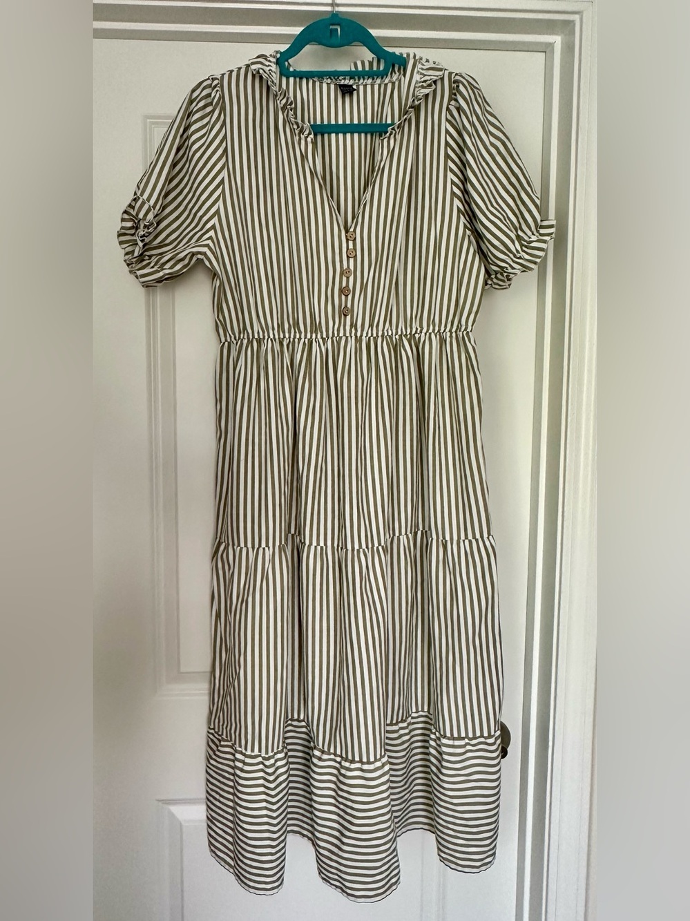 Striped Olive Tiered Button-Front Casual Dress
